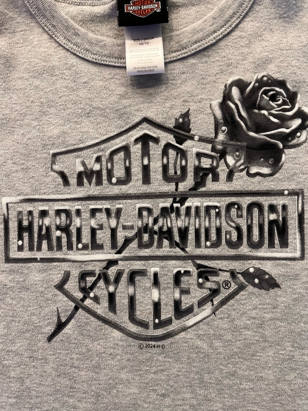 Harley-Davidson Gray and Black Shield Tee with Rose Graphic